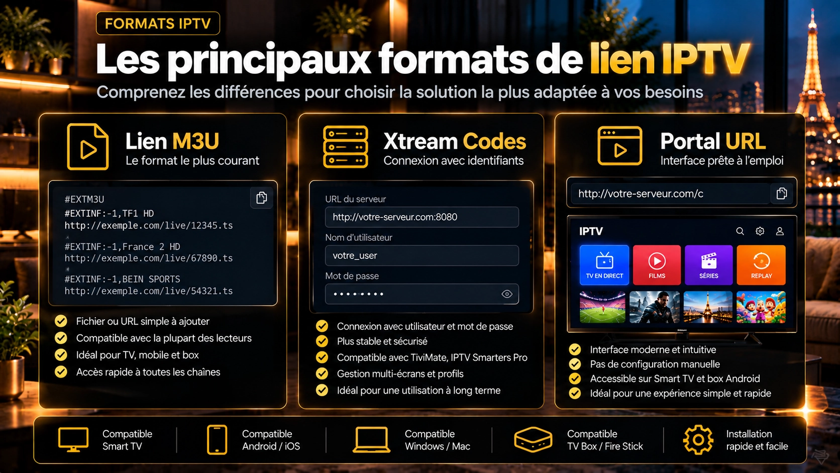Formats de lien IPTV : M3U, Xtream Codes et Portal URL